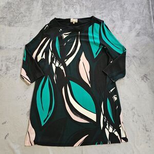 Phase Eight Tunic Top Womens 14 Black Green Leaf 3/4 Sleeve Round Neck Classic